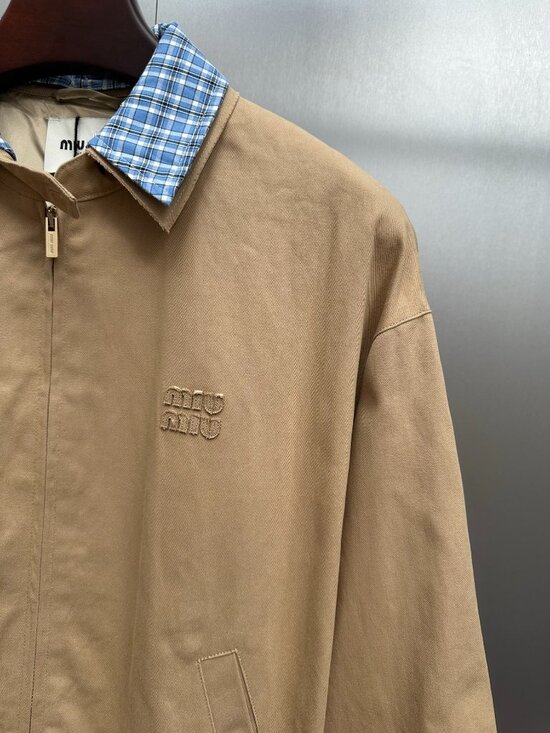 Miu Miu Women's Casual Zip-Collar Faux Two-Piece Jacket — Beige - Picture 4 of 6